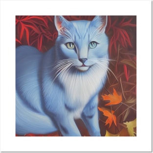 Striking Blue Cat in Autumn Leaves Posters and Art